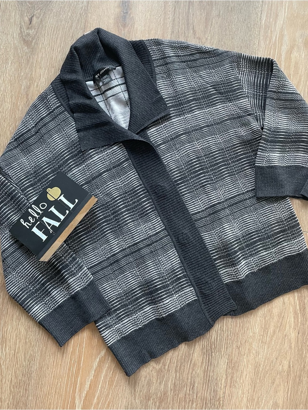 St. John Charcoal Plaid Knit Cardigan Sweater - Classic Collared Style
